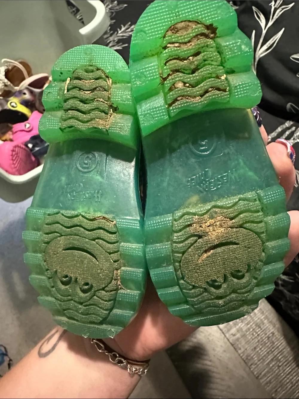 Western Chief Blue Dinosaur Rain Boots with Green Soles